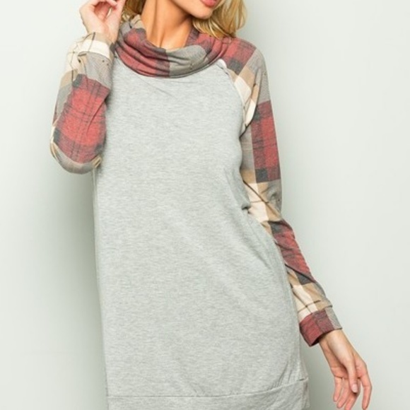 Cowl neck plaid/grey block color long sleeve top - Picture 7 of 7